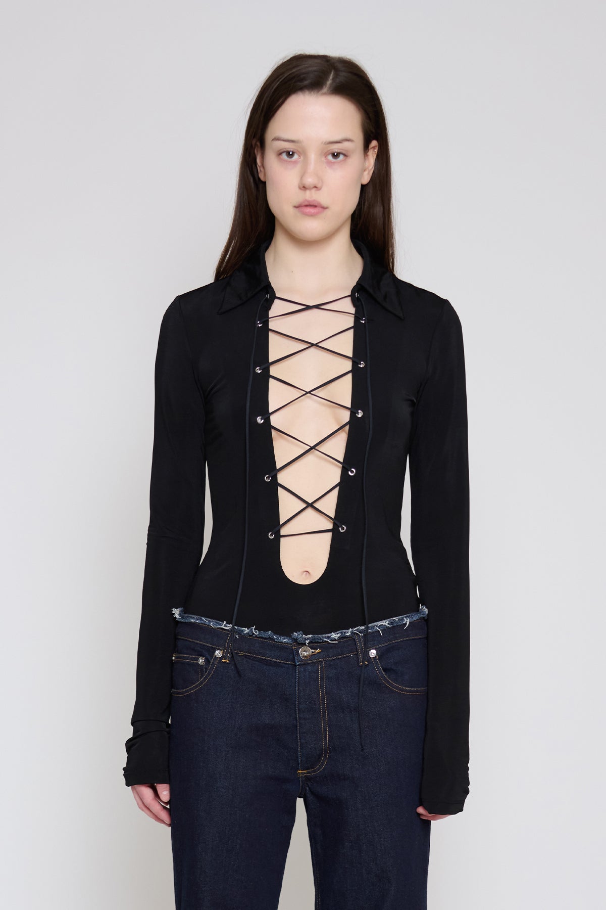 Black Long Sleeve Lace-Up Top