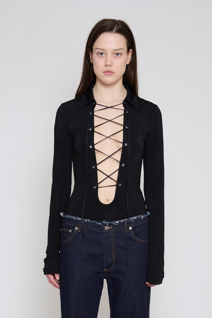 Black Long Sleeve Lace-Up Top