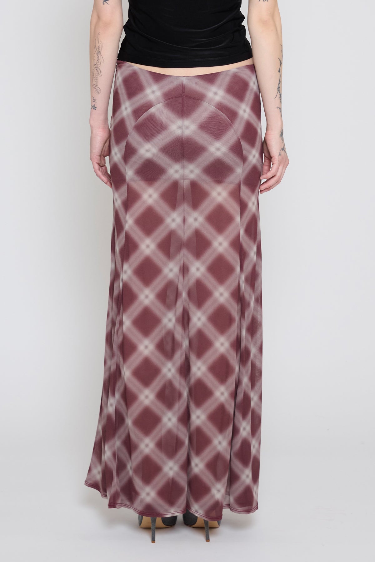 Mauve Plaid Paneled Maxi Skirt
