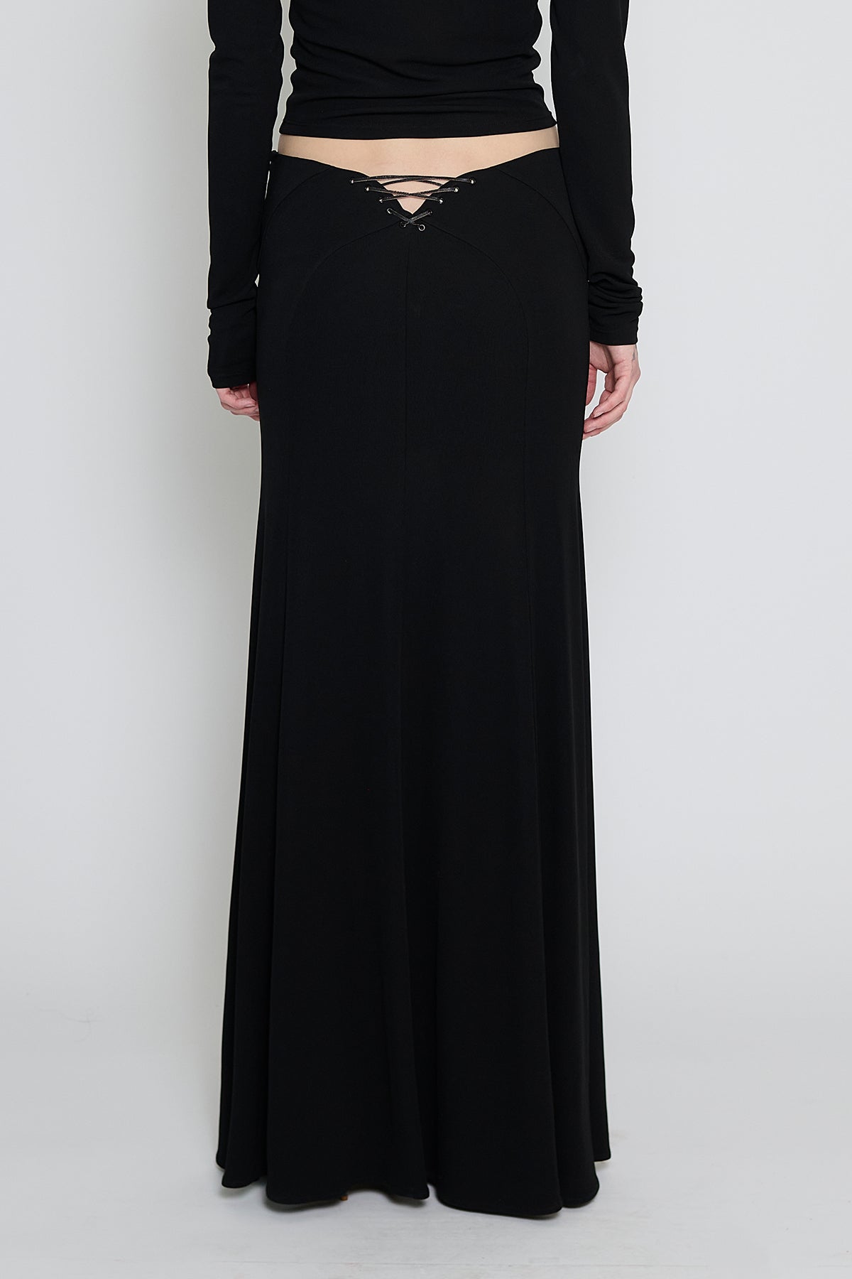 Black Lace-Up Paneled Maxi Skirt
