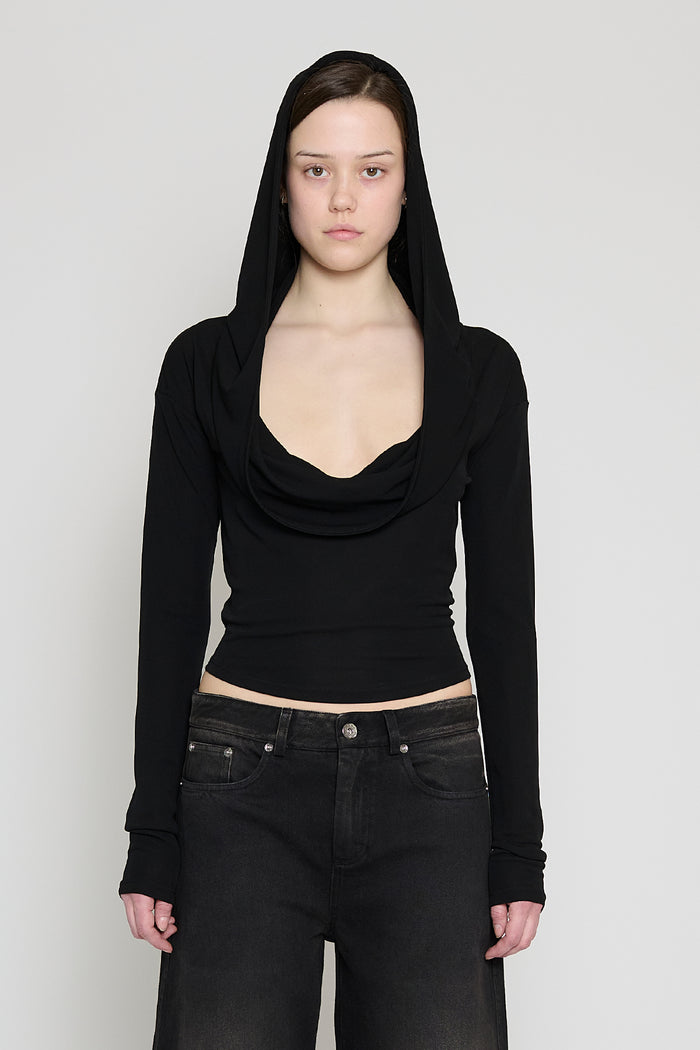 Black Hooded Long Sleeve Top