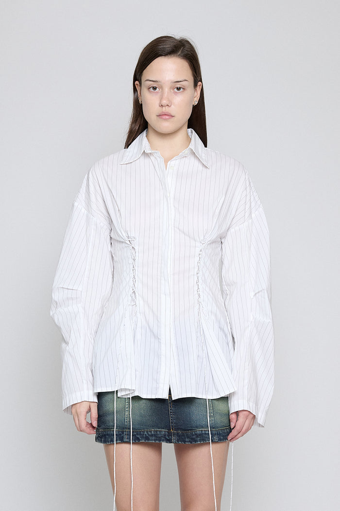 White Pinstripe Laced Button Down