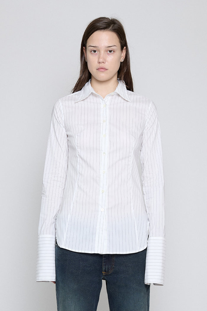 White Pinstripe Fitted Button Down - Pre Order