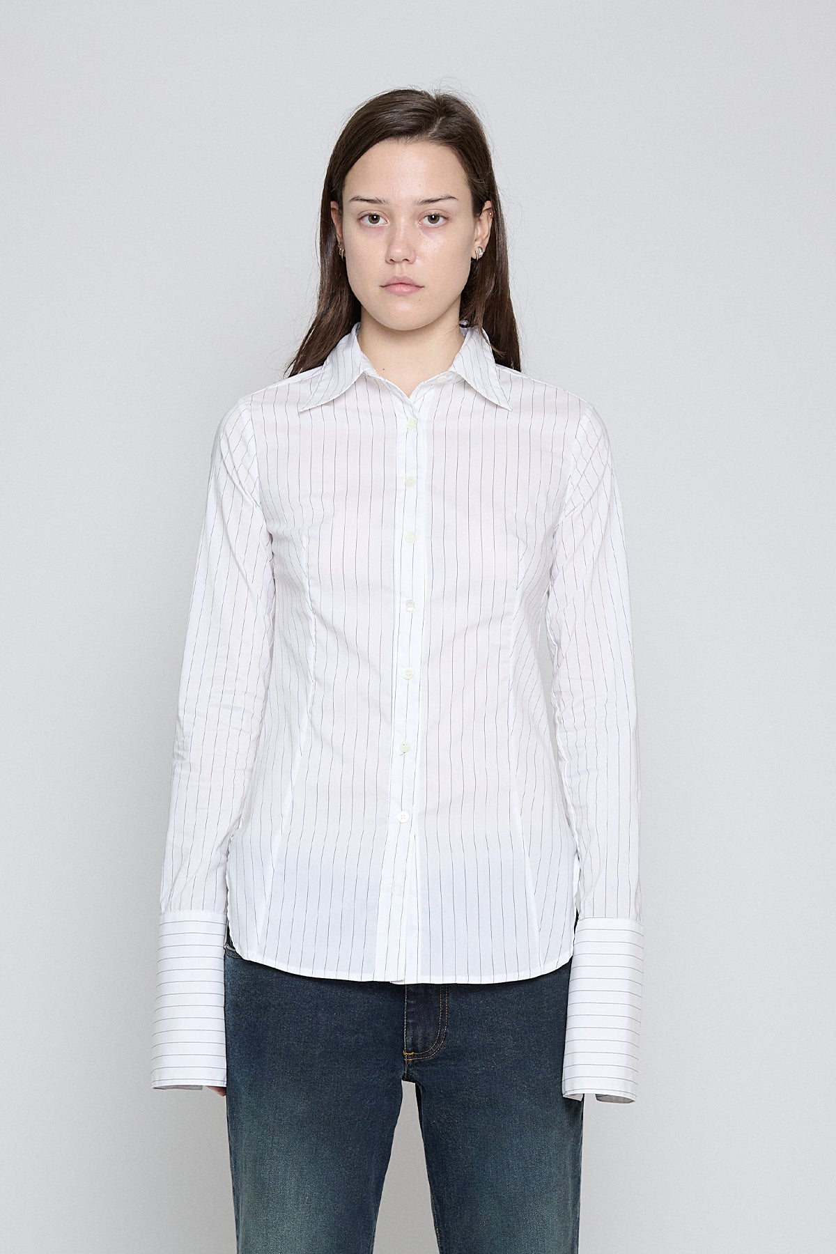 White Pinstripe Fitted Button Down