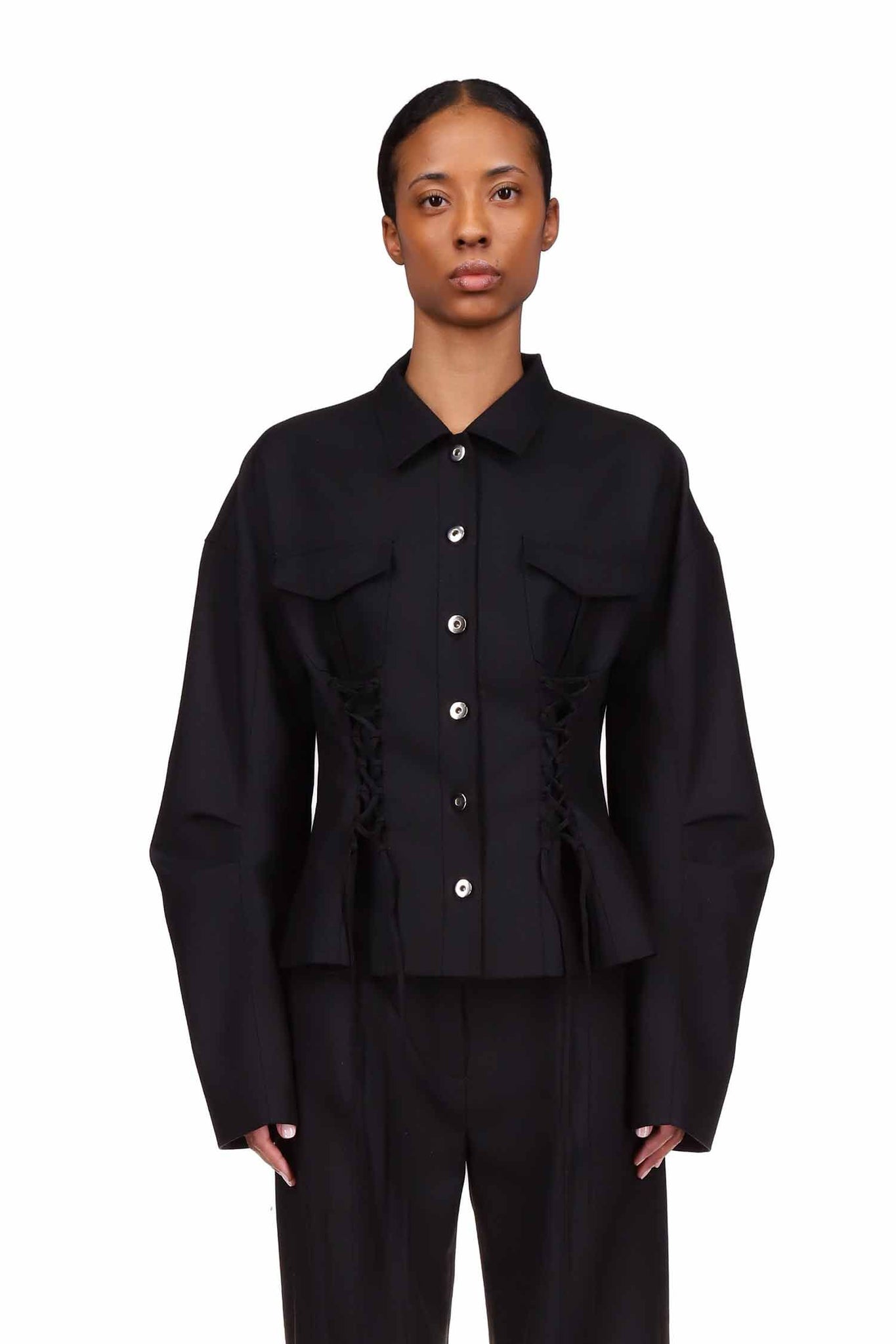 Black Wool Laced Cocoon Jacket