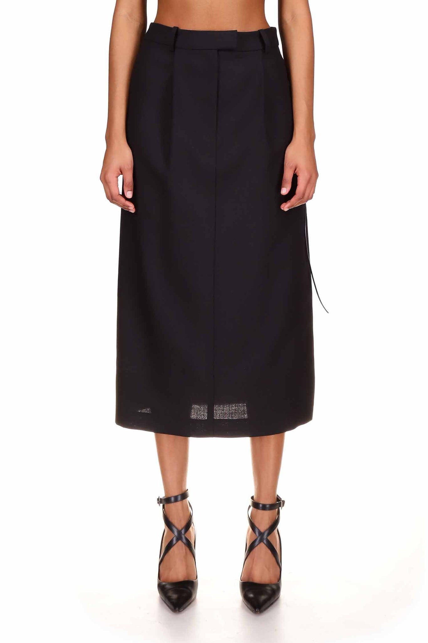 Black Wool Tailored Midi Skirt