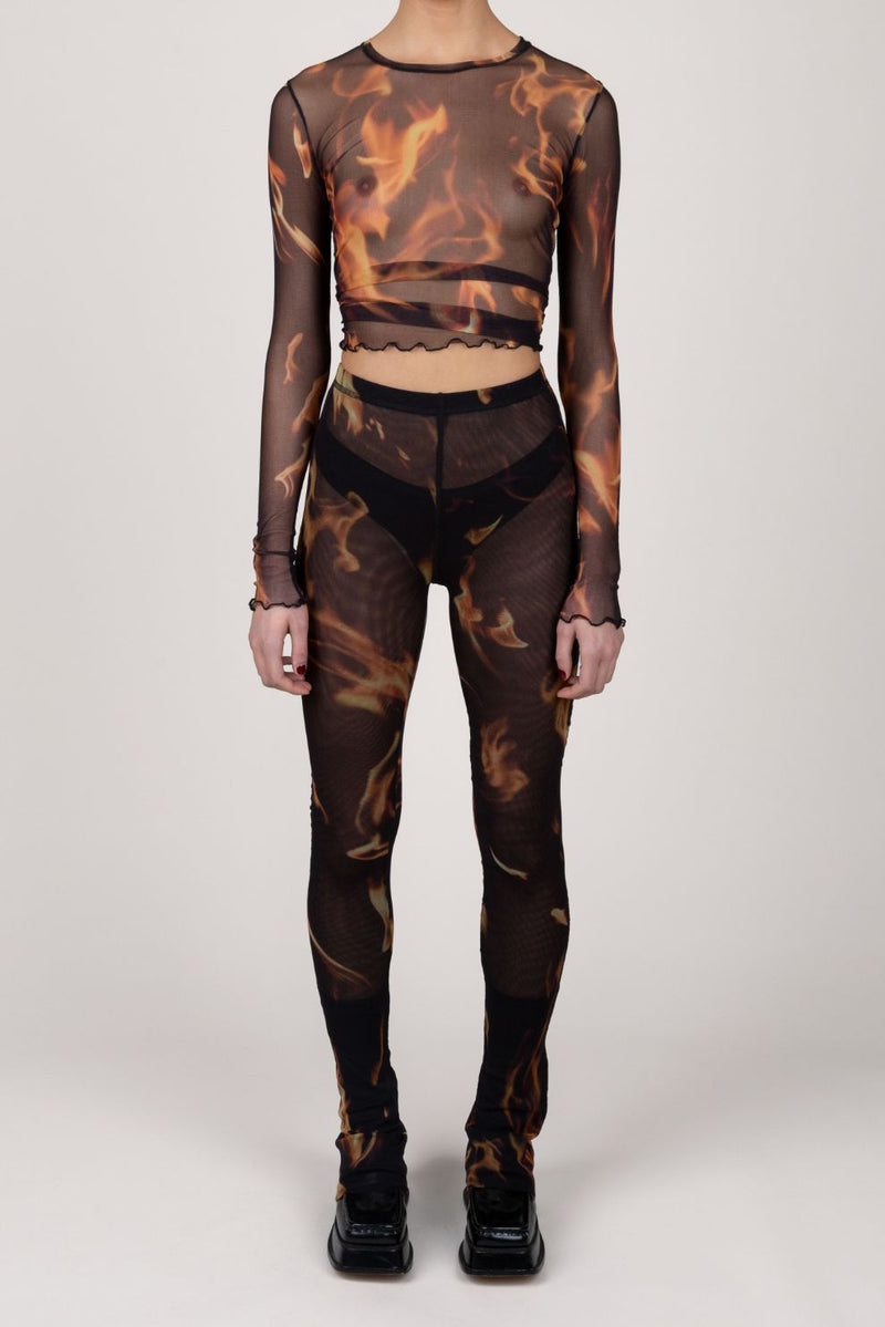 Flame Printed Mesh Fitted Flared Pants 