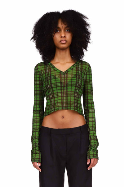 Green Tartan Mesh V-Neck Long Sleeve Top – PRISCAVera