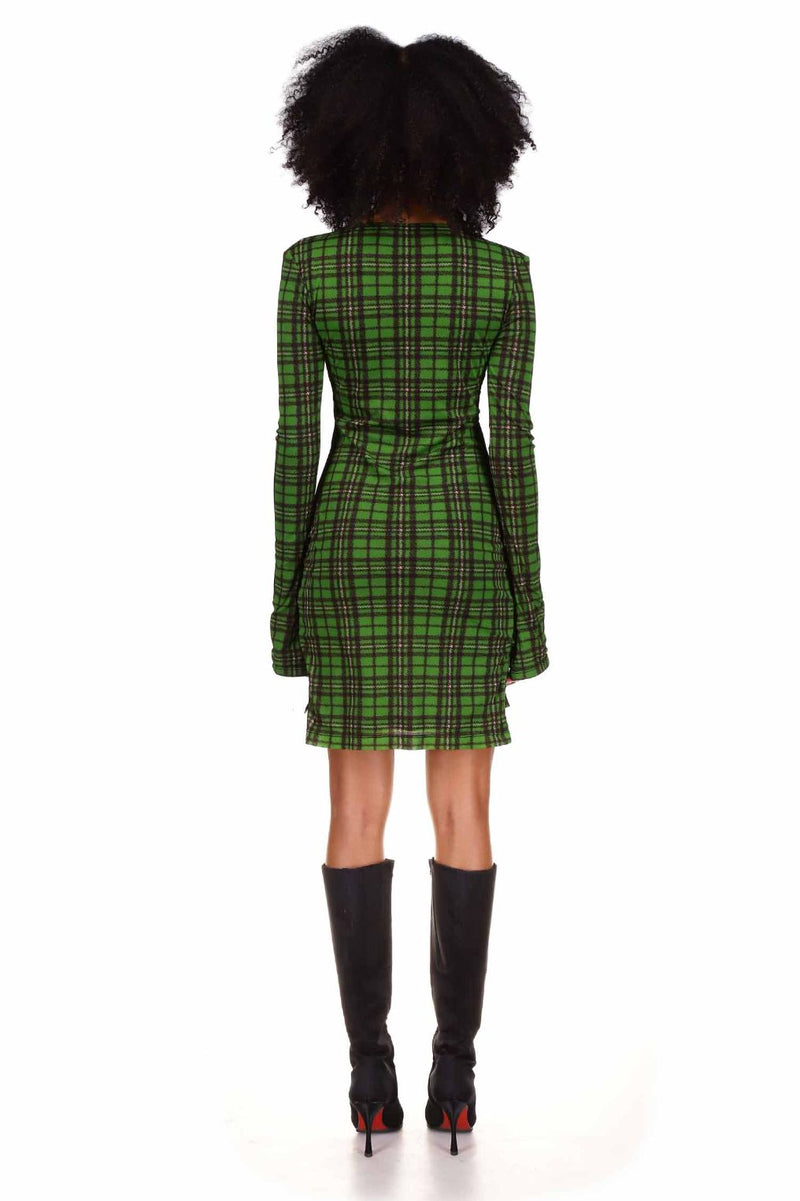 Green Tartan Printed Mesh Long Sleeve Mini Dress