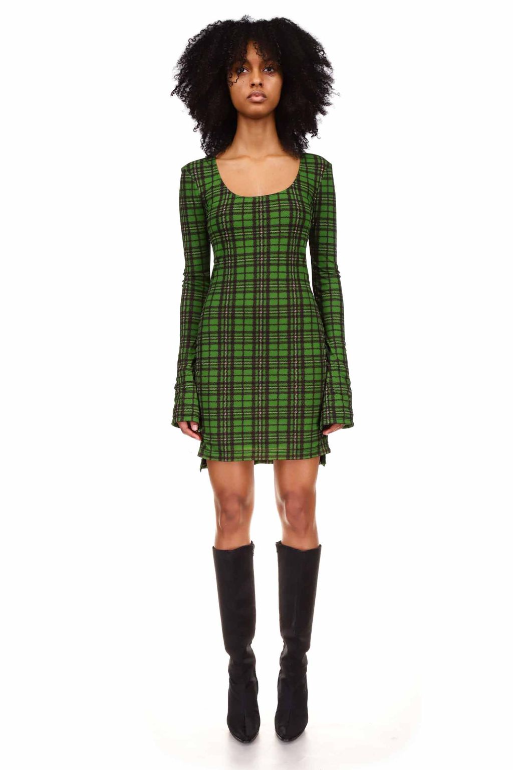 Green Tartan Mesh Long Sleeve Mini Dress