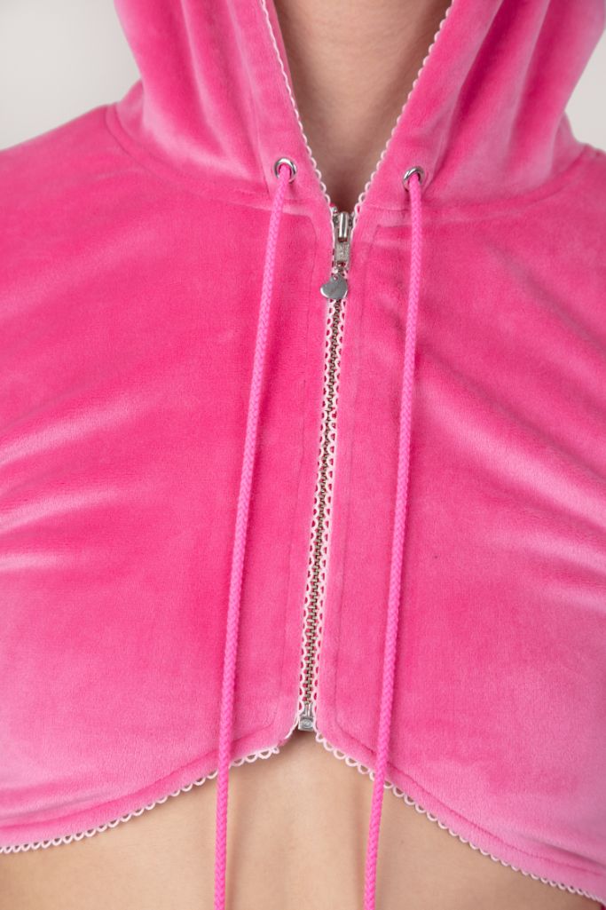 Hot Pink Cropped Zip Up Velour Hoodie