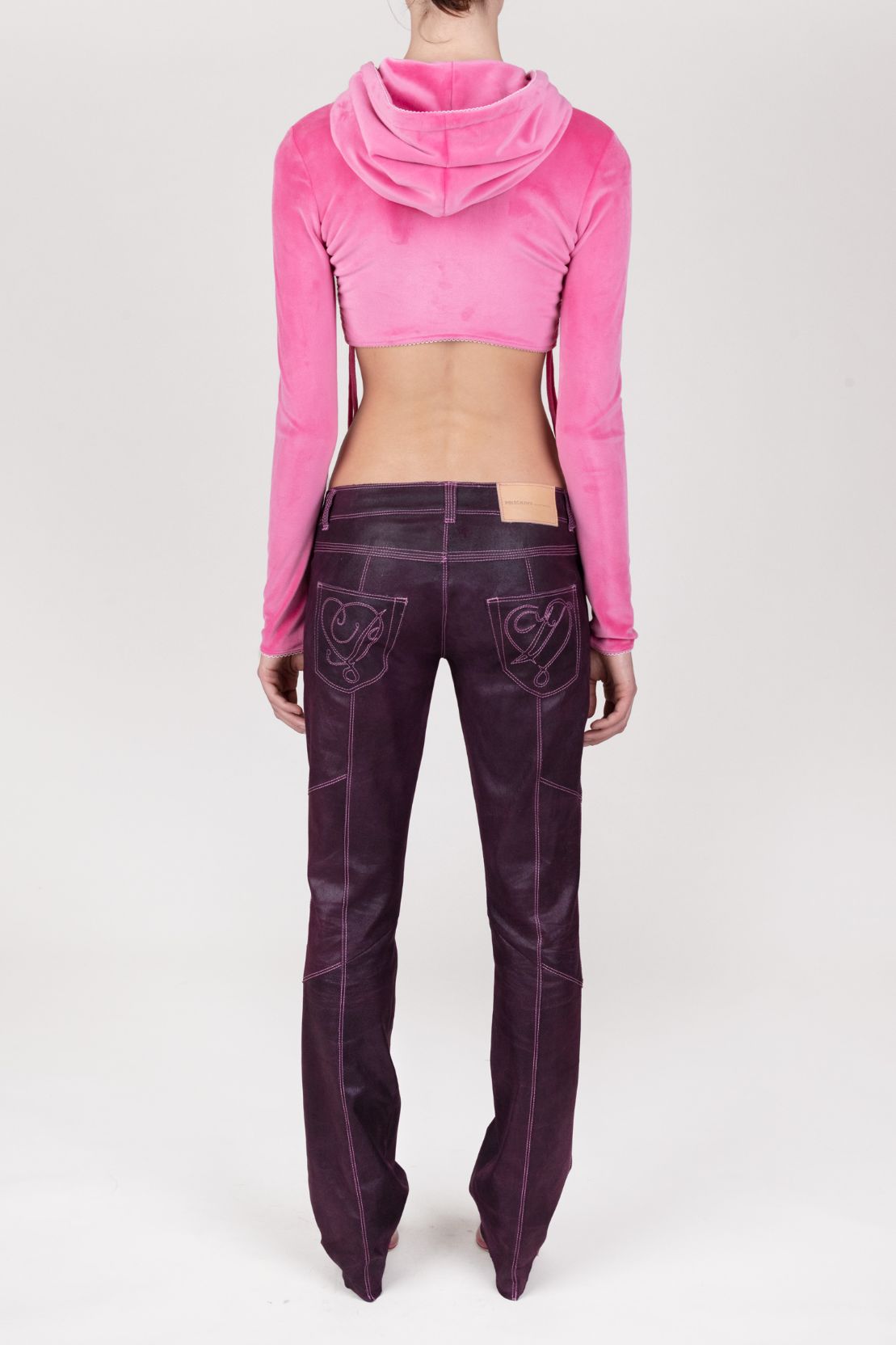 Purple Plum Paneled Stretch Leather Pants Contrast Stitch