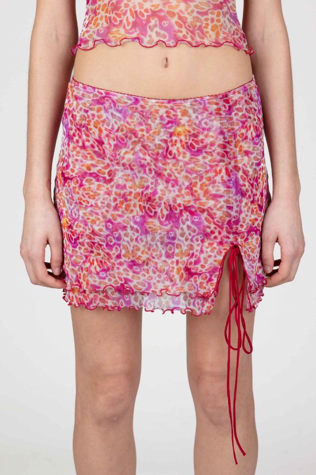 Leopard Orchids Printed Mesh Ruched Mini Skirt