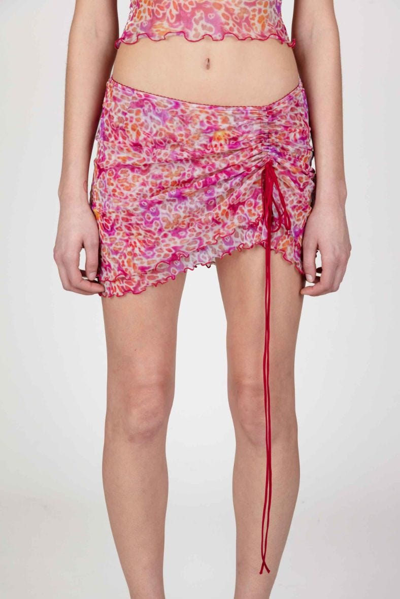 Leopard Orchids Printed Mesh Ruched Mini Skirt
