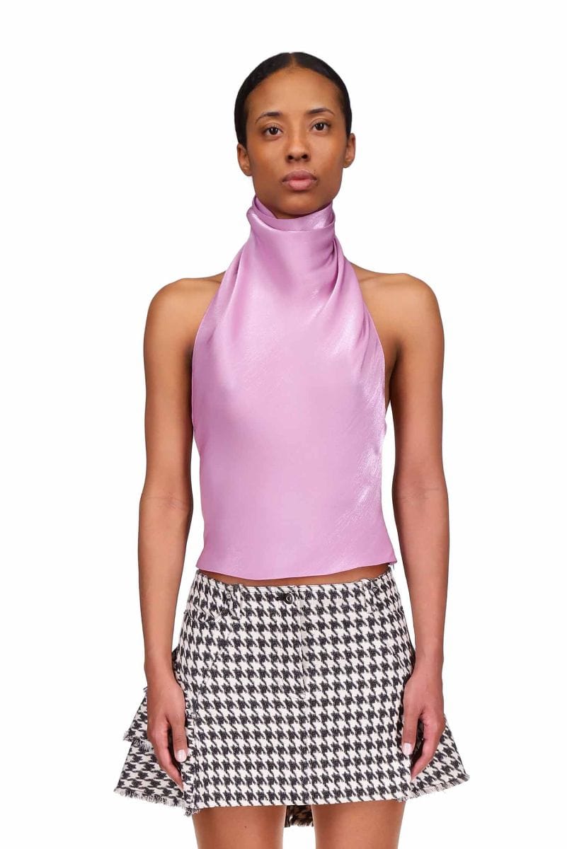 Lilac Purple Luminous Satin Cowl Neck Low Back Top