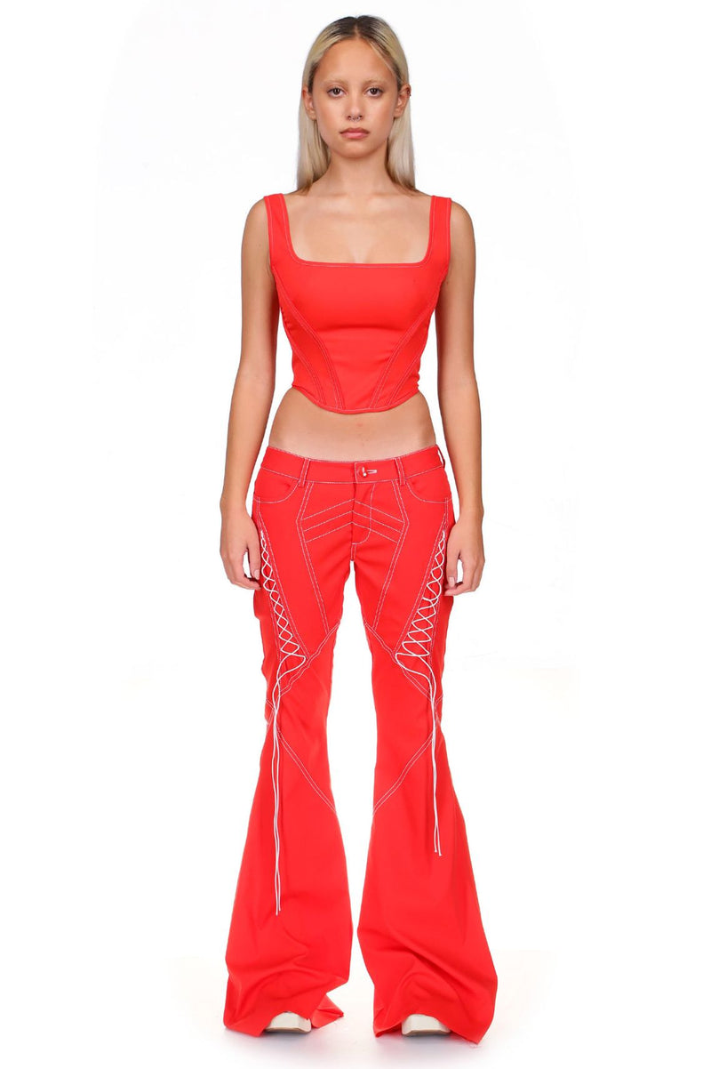 Chili Red Lace Up Flared Pants