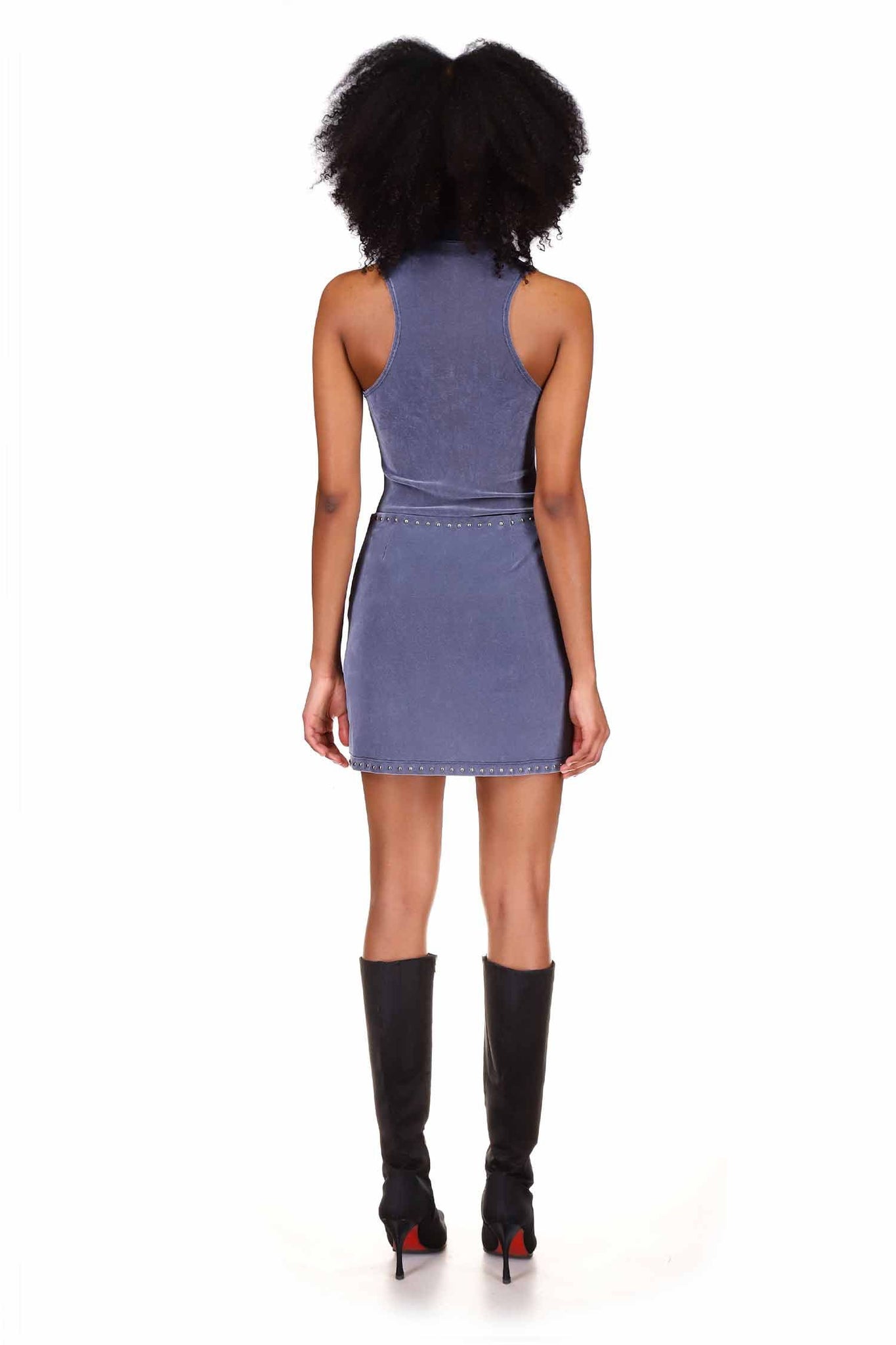 Steel Blue Velvet Mesh Studded Mini Skirt