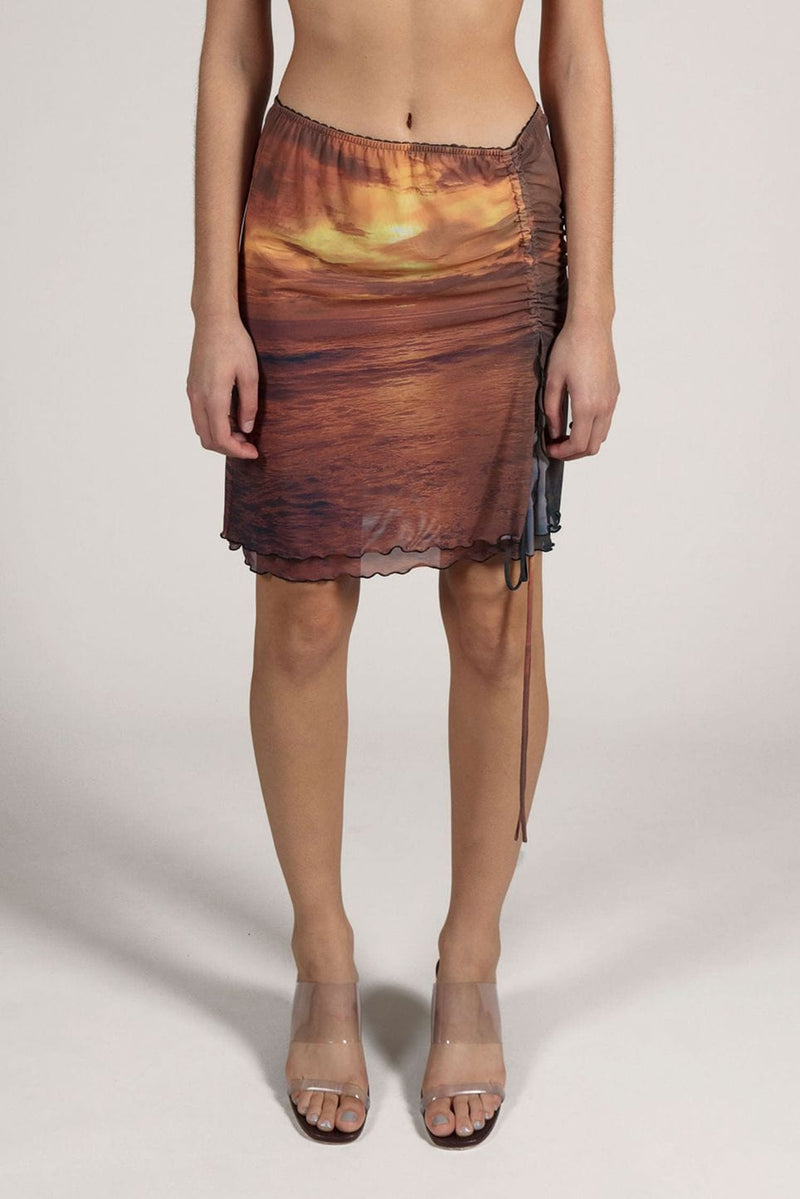 Sunset Printed Mesh Double Layer Ruched Mini Skirt