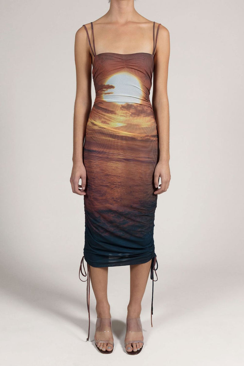 Sunset Printed Mesh Ruched Dress