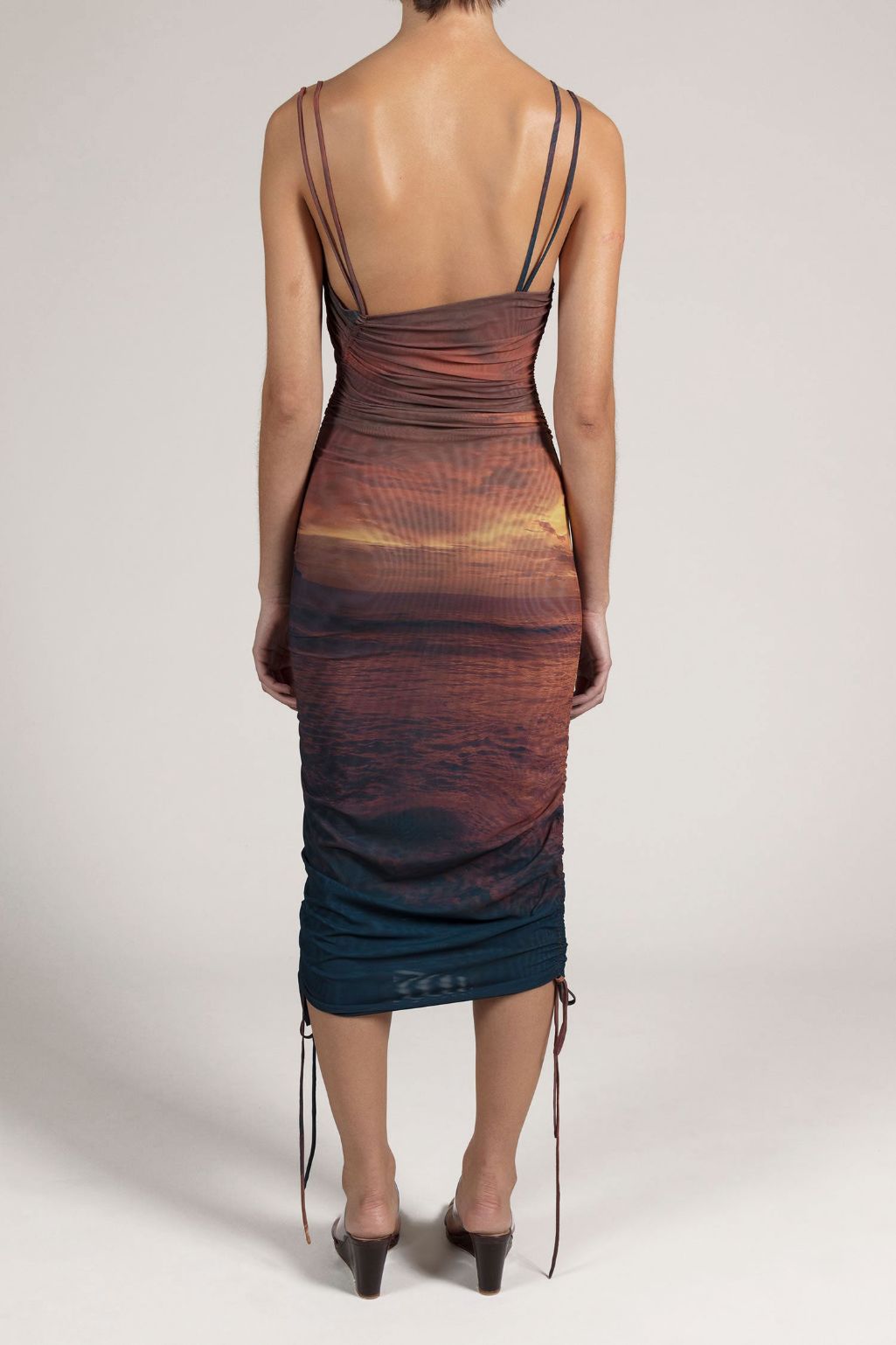 Sunset Printed Mesh Ruched Dress