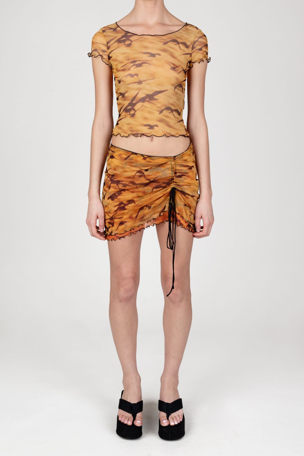 Sunset Sparrows Printed Mesh Ruched Mini Skirt