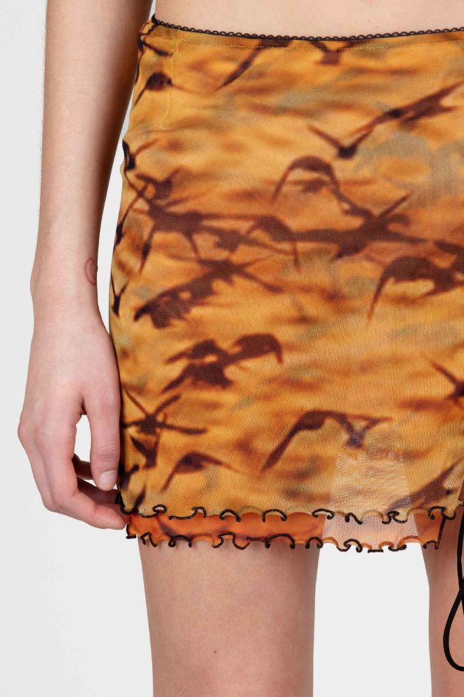 Sunset Sparrows Printed Mesh Ruched Mini Skirt
