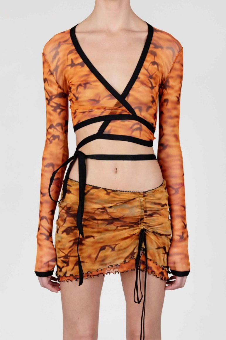 Sunset Sparrows Printed Mesh Wrap Around Top