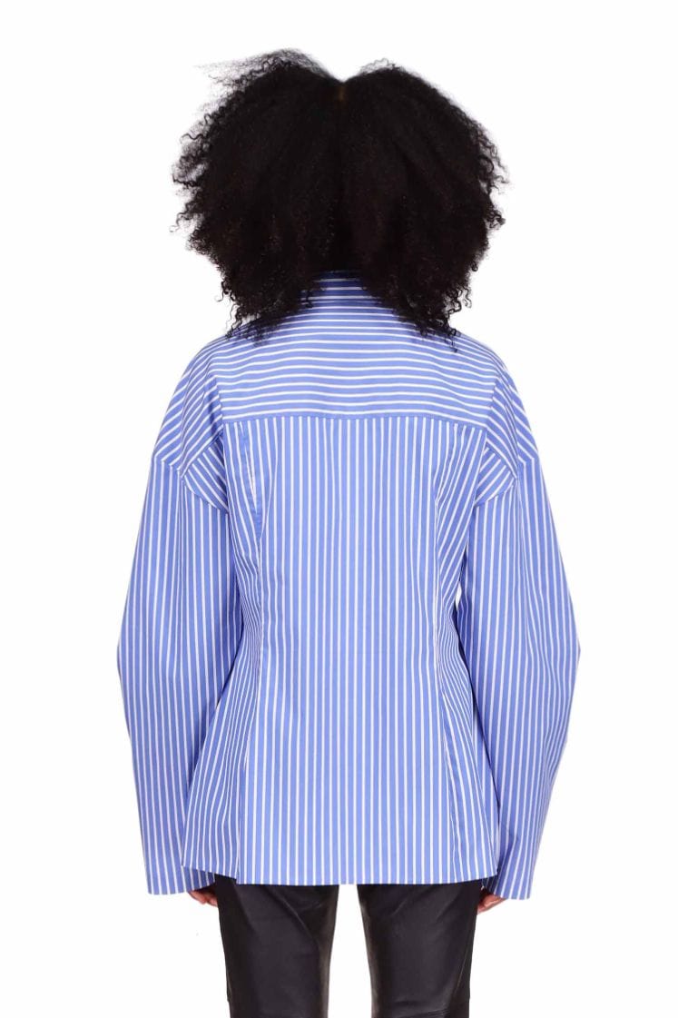 Blue Stripe Poplin Laced Button Down Top