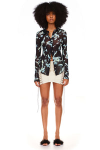 Phantom flower Printed Mesh Button Down Top