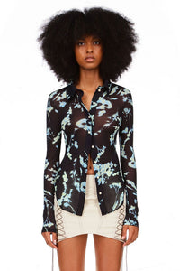 Phantom flower Printed Mesh Button Down Top