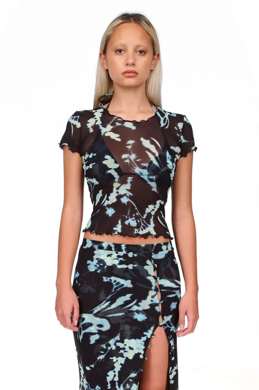Phantom Flower Printed Lettuce Hem Baby Tee