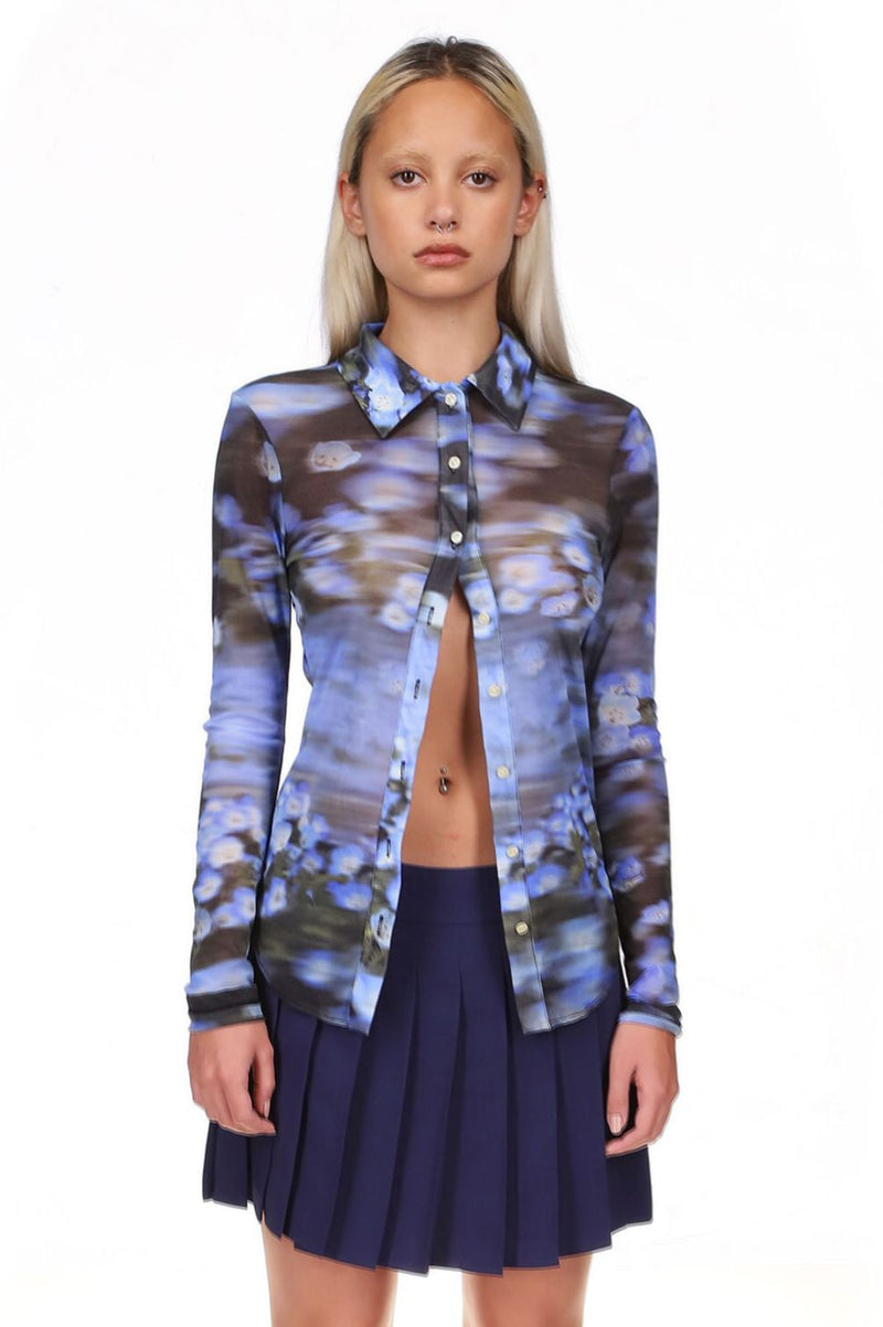 Superbloom Printed Mesh Long Sleeve Button Down Top