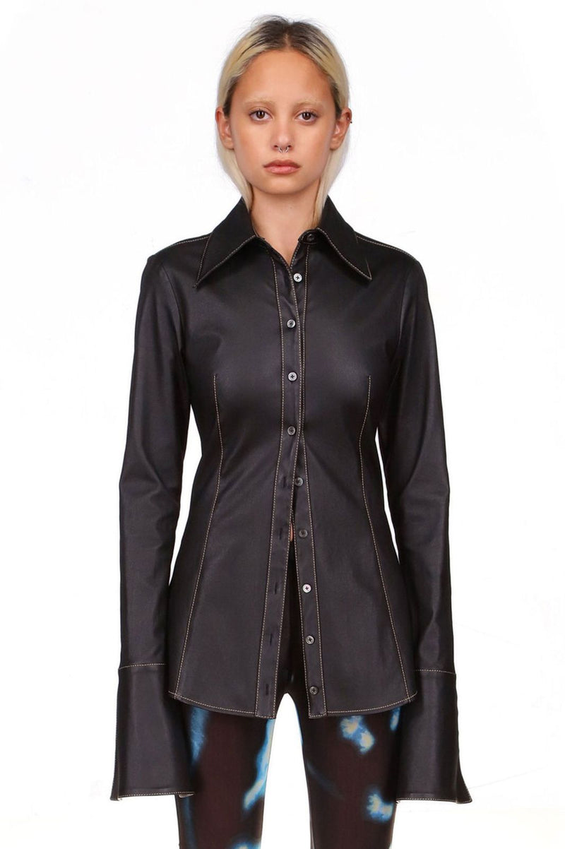 Black Leather Button Down Fitted Top