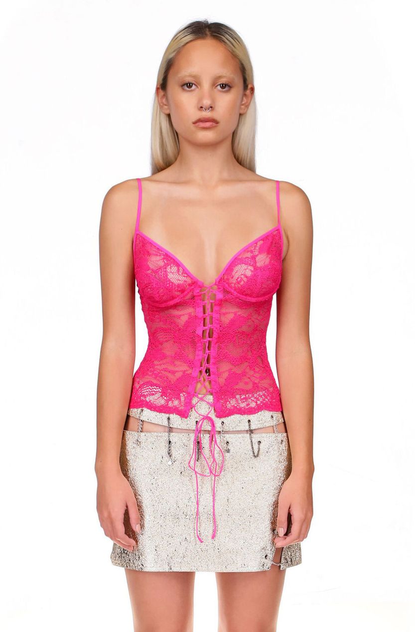 Hot Pink Lace Lace Up Top
