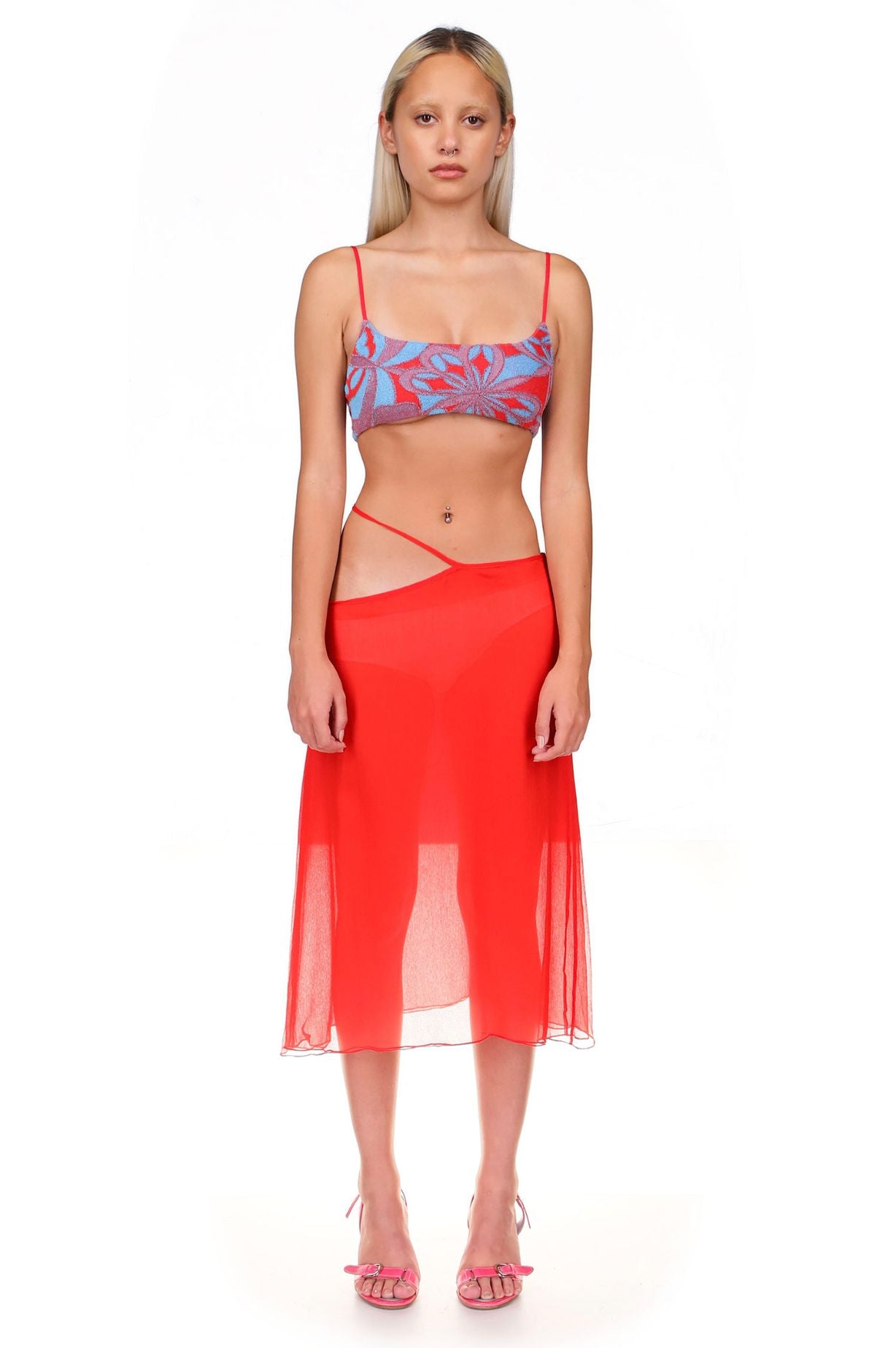 Poppy Red Chiffon Midi Skirt Cut Out Waist